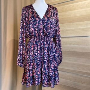 AQUA Floral Smocked Waist Long Sleeve Mini Dress Size Large